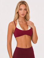Avrane The Sloane Layered Halter Top - women's color-block faux-layer halter stretch top in light blue, blue, burgundy, brick red, brown, black, yellow, brown stripe, cream polka dot