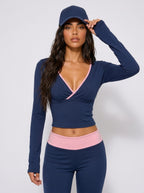 Avrane The Brielle Wrap Flare Set - women's contrast wrap long-sleeve top and flare pant set in navy