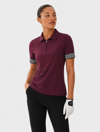 Avrane Bryn Golf Top - women's tailored polo shirt with half-zip and striped cuffs in wine red