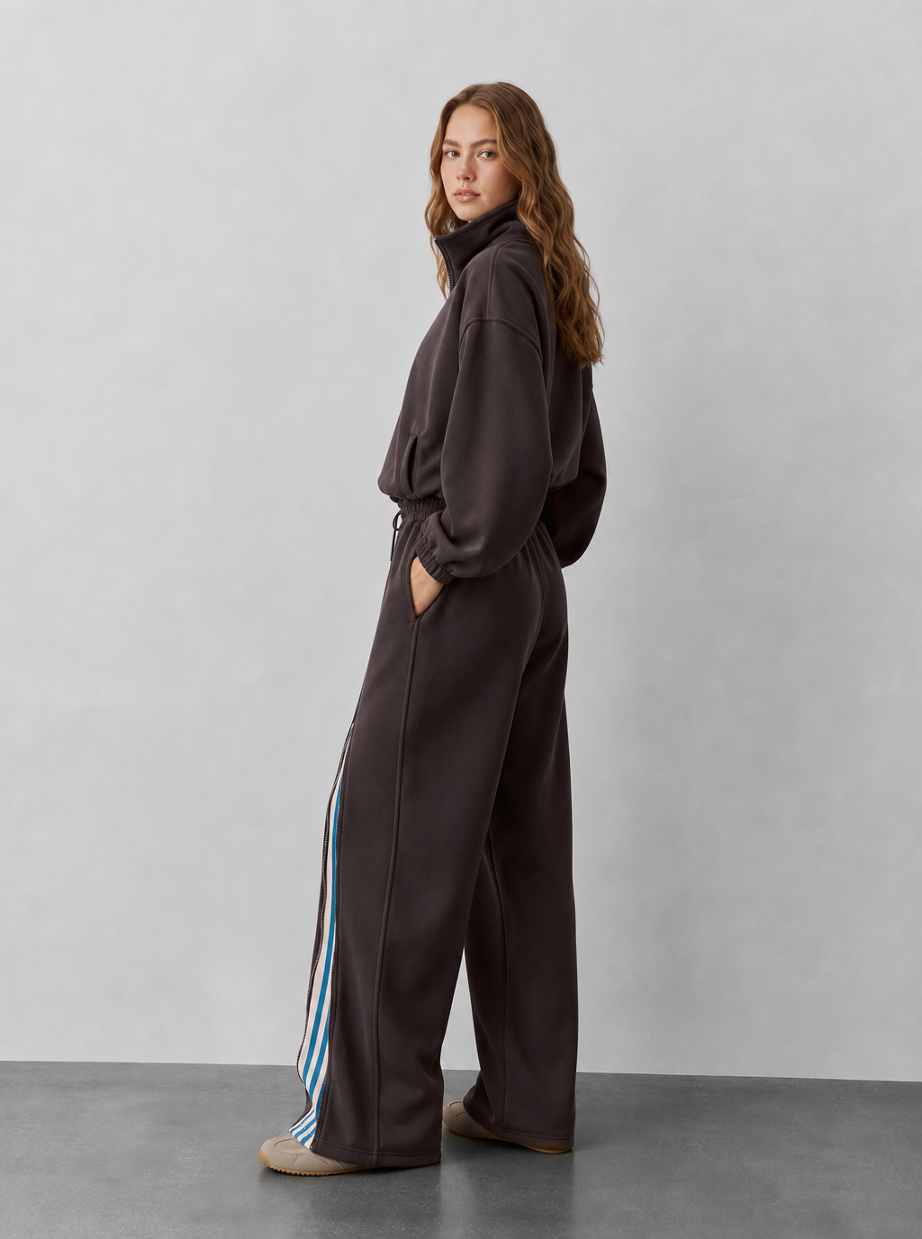 Avrane The Nova coffee zip jacket and wide-leg track pants with blue striped inset panels