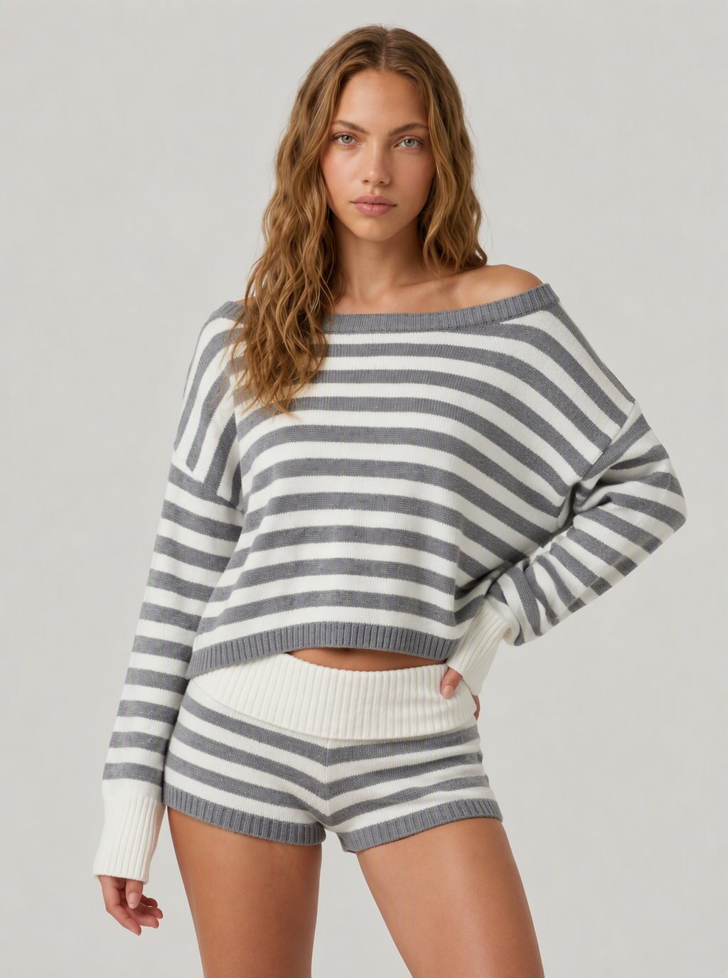 Avrane The Elspeth Off-Shoulder Knit Set - women's striped sweater and short set