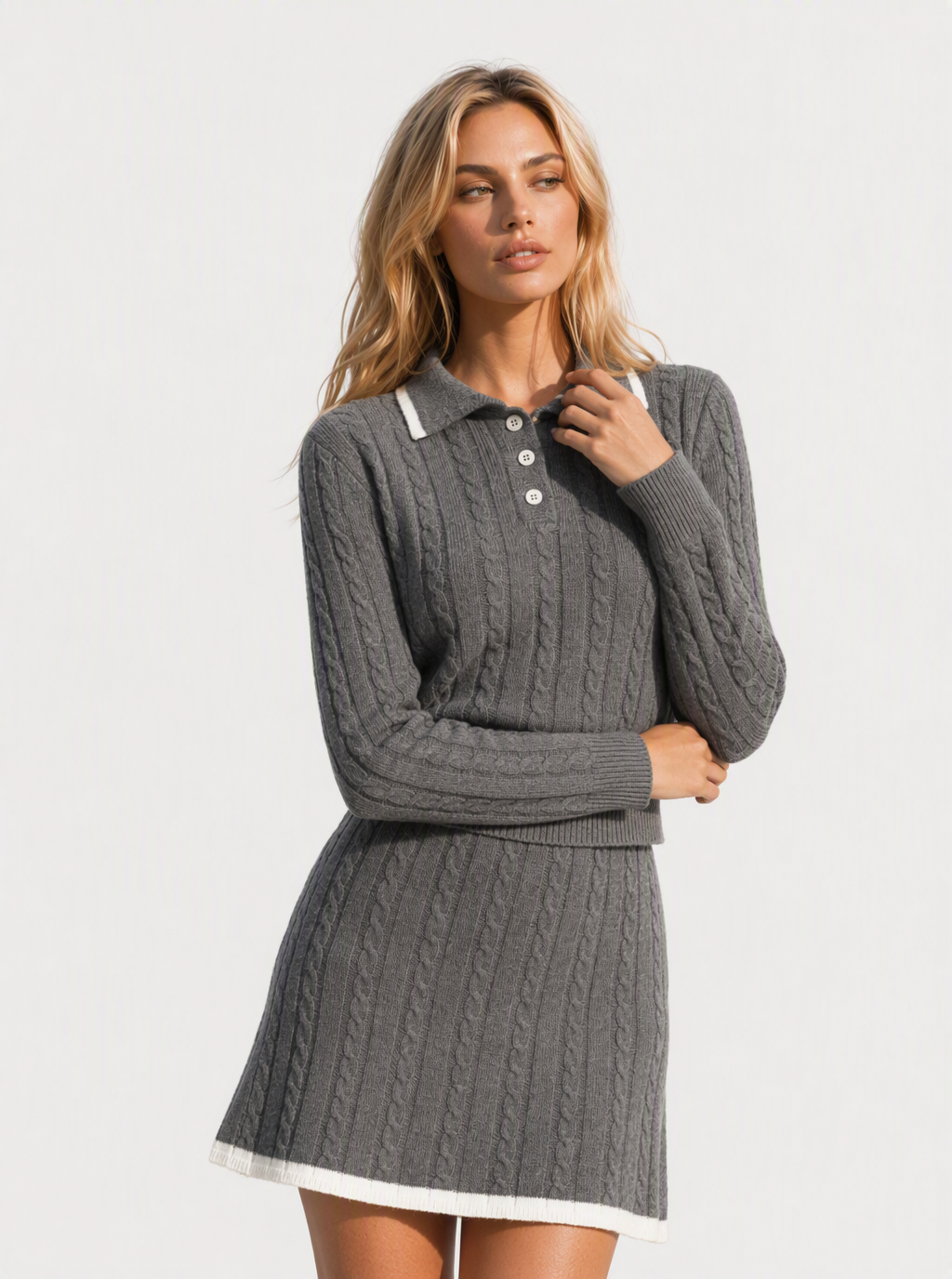 Avrane The Maren Cable-Knit Polo Set - women's contrast-trim polo top and A-line mini skirt