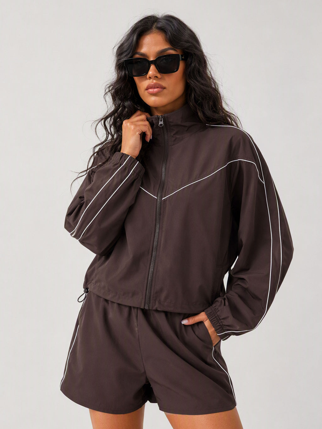 Avrane The Arden coffee cropped track jacket and pocket short set with contrast piping