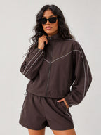 Avrane The Arden coffee cropped track jacket and pocket short set with contrast piping