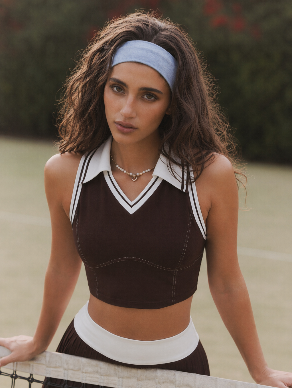 Avrane Elara Tennis Top - women's sleeveless cropped polo top with white contrast collar in brown