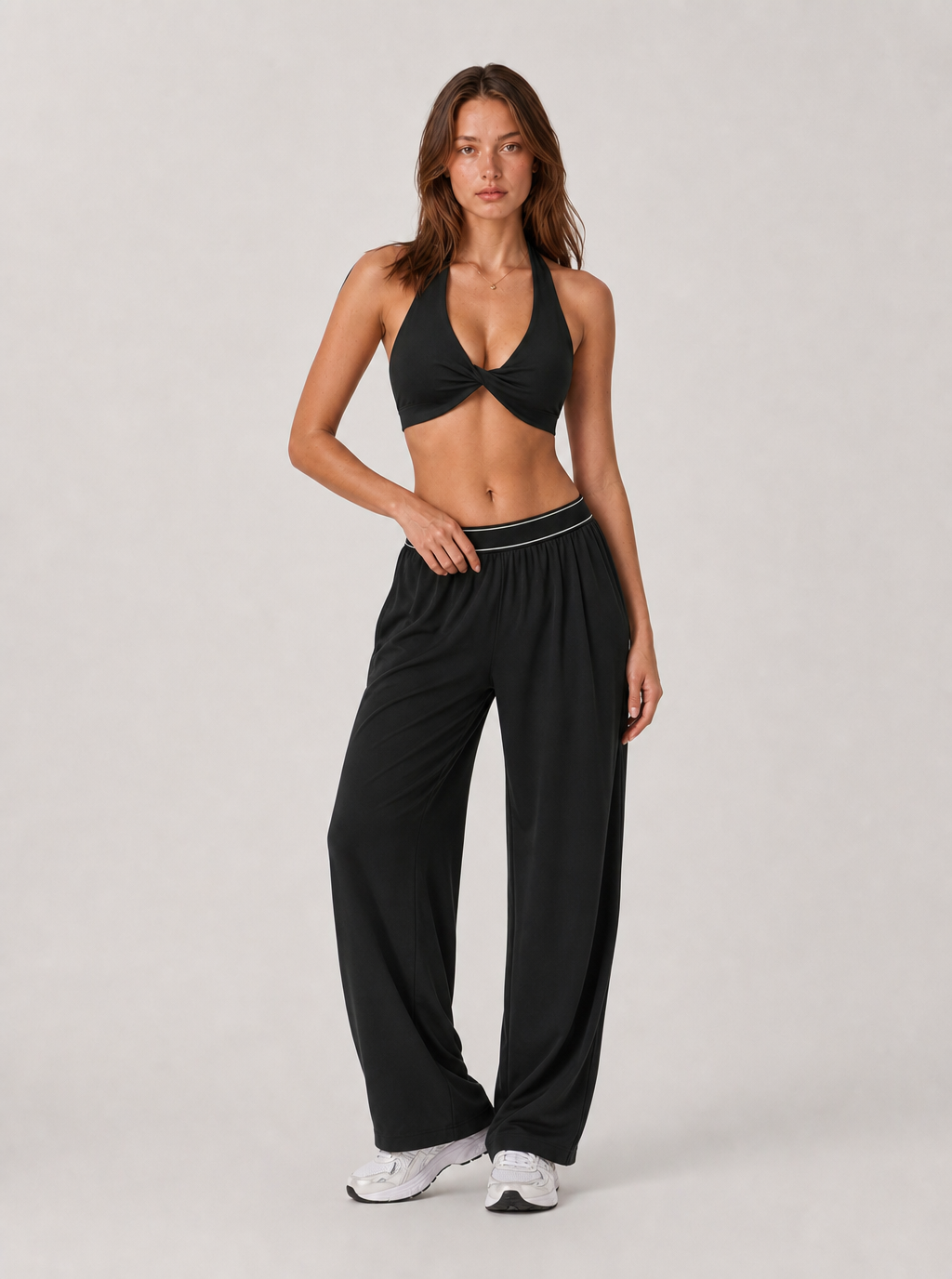Avrane The Colette Contrast-Waist Bottom - women's contrast-waist wide-leg track pants
