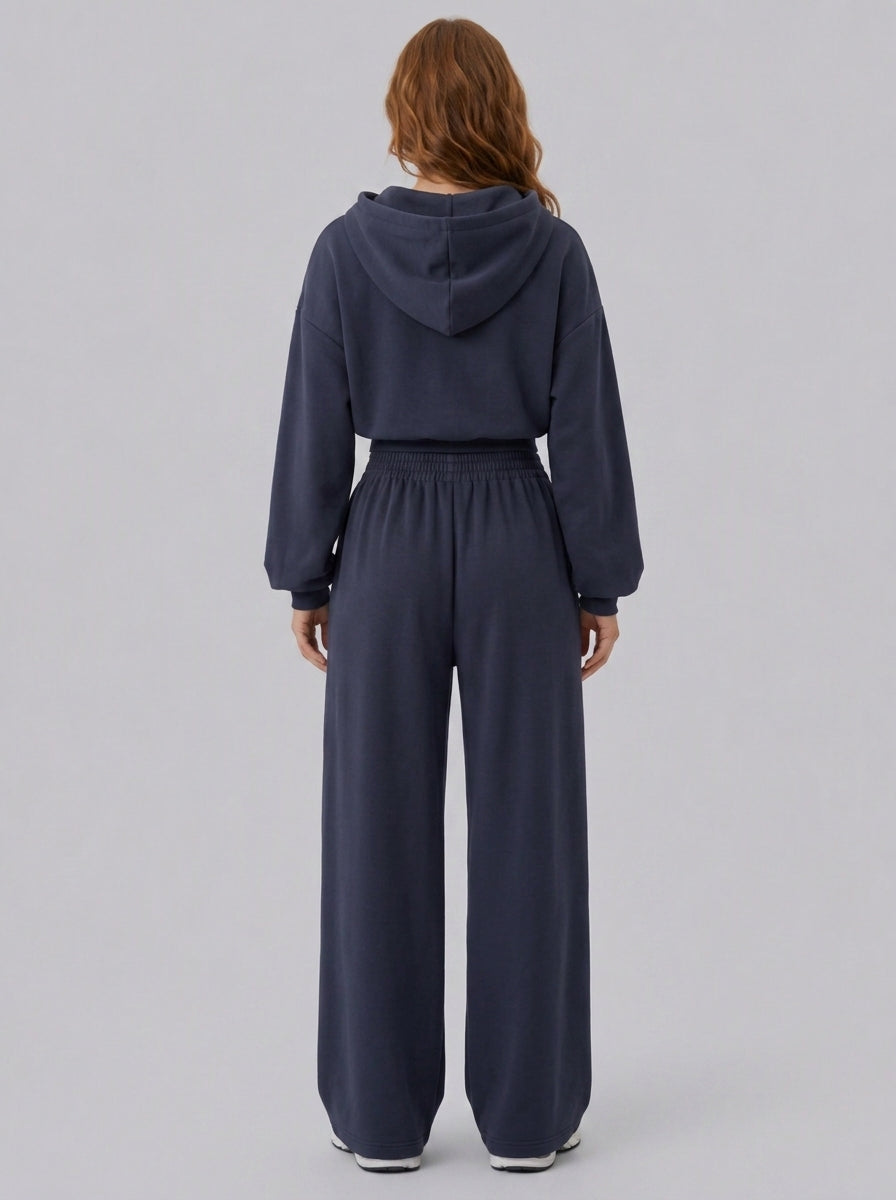Avrane The Leona V-Waist Hoodie Set - women's cropped hoodie and v-waist wide-leg pant set in dark gray, brown, navy, apricot, black