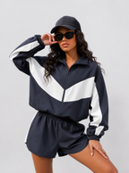 Avrane The Kaia colorblock zip jacket and sport short set in black and white