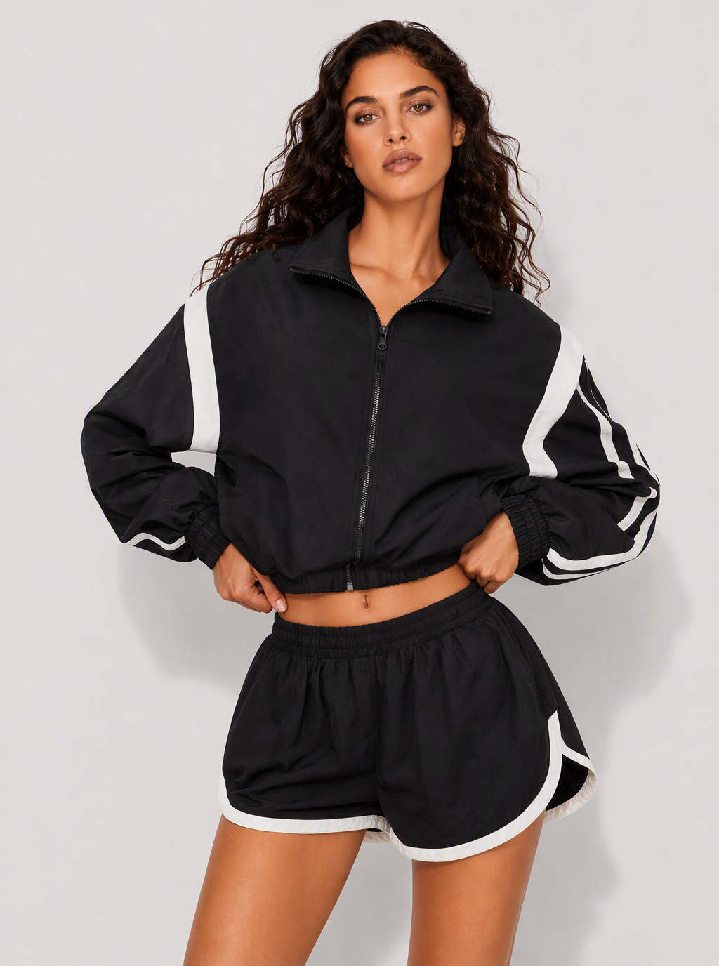 Avrane The Calla Color-Block Track Set - women's zip jacket and dolphin-hem shorts