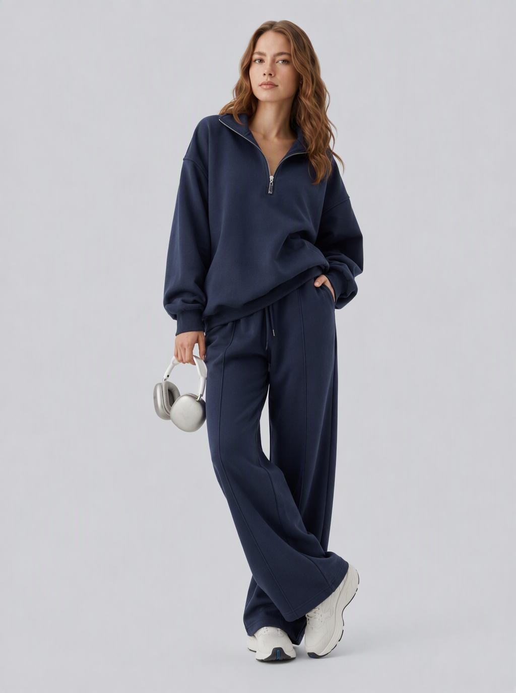 Avrane The Odessa Half-Zip Lounge Set - women's oversized half-zip sweatshirt and wide-leg pant set in black, gray, coffee, green, navy