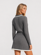 Avrane The Maren Cable-Knit Polo Set - women's contrast-trim polo top and A-line mini skirt