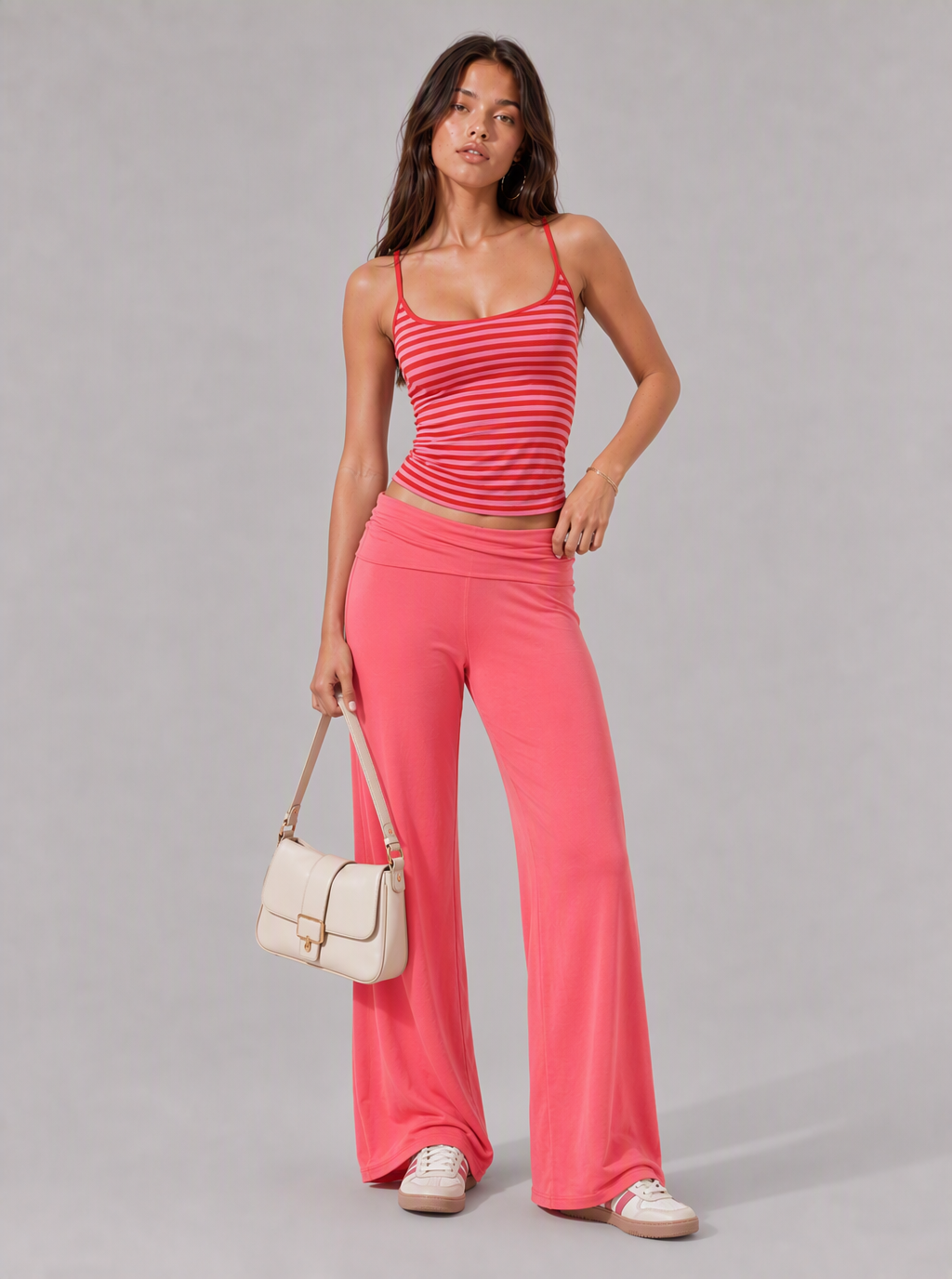 Avrane The Kaia Striped Cami Wide-Leg Set - women's striped cami and foldover wide-leg pant set in blue green, gray, orange, pink