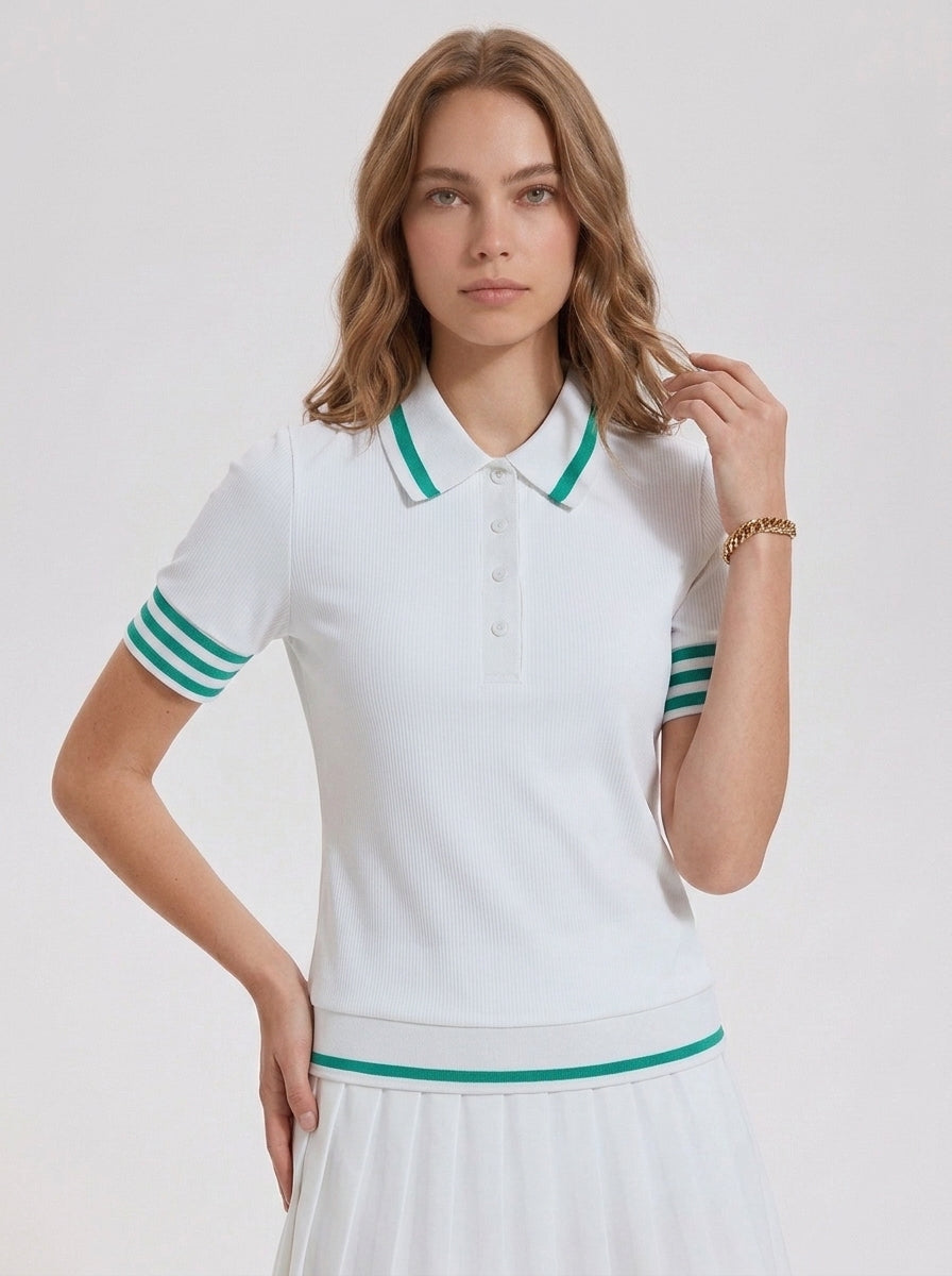 Avrane The Reese navy short-sleeve polo top with light blue collar and striped cuffs