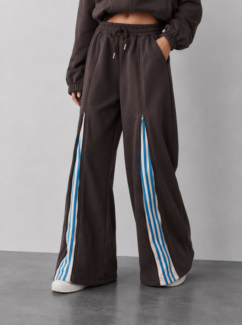 Avrane The Nova coffee zip jacket and wide-leg track pants with blue striped inset panels