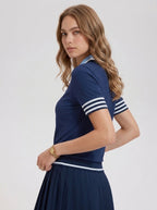 Avrane The Reese navy short-sleeve polo top with light blue collar and striped cuffs