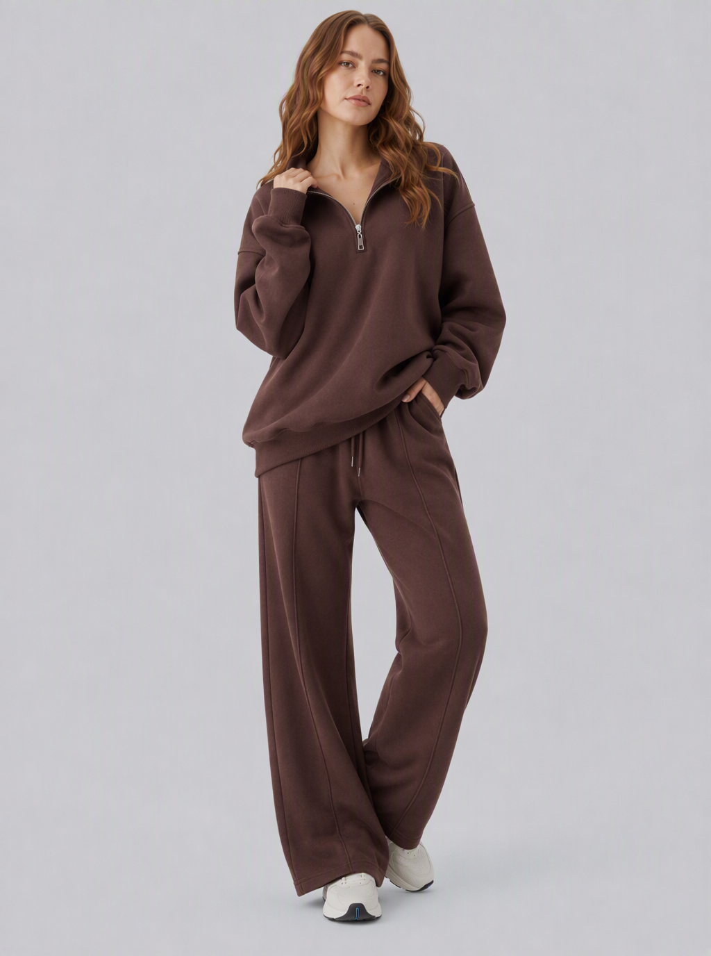 Avrane The Odessa Half-Zip Lounge Set - women's oversized half-zip sweatshirt and wide-leg pant set in black, gray, coffee, green, navy