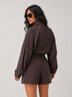 Avrane The Arden coffee cropped track jacket and pocket short set with contrast piping