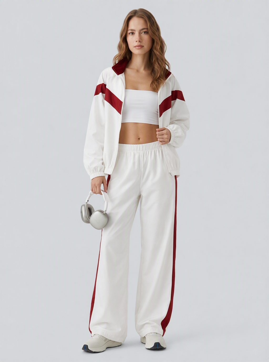 Avrane The Celeste Retro Track Set - women's contrast-panel track jacket and wide-leg pant set in white, beige, red, coffee, black, burgundy